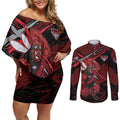 Essendon Football Club Couples Matching Off Shoulder Short Dress and Long Sleeve Button Shirt Bombers Muscular Mascot Graphic - Abstract Paint Splatter Art