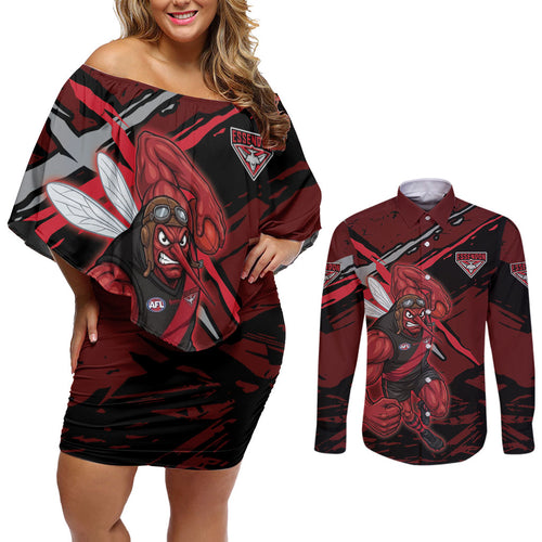 Essendon Football Club Couples Matching Off Shoulder Short Dress and Long Sleeve Button Shirt Bombers Muscular Mascot Graphic - Abstract Paint Splatter Art