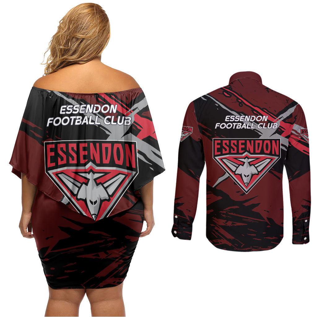 Essendon Football Club Couples Matching Off Shoulder Short Dress and Long Sleeve Button Shirt Bombers Muscular Mascot Graphic - Abstract Paint Splatter Art