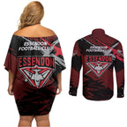 Essendon Football Club Couples Matching Off Shoulder Short Dress and Long Sleeve Button Shirt Bombers Muscular Mascot Graphic - Abstract Paint Splatter Art