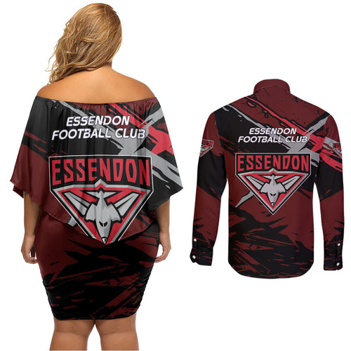 Essendon Football Club Couples Matching Off Shoulder Short Dress and Long Sleeve Button Shirt Bombers Muscular Mascot Graphic - Abstract Paint Splatter Art