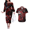 Essendon Football Club Couples Matching Off The Shoulder Long Sleeve Dress and Hawaiian Shirt Bombers Muscular Mascot Graphic - Abstract Paint Splatter Art