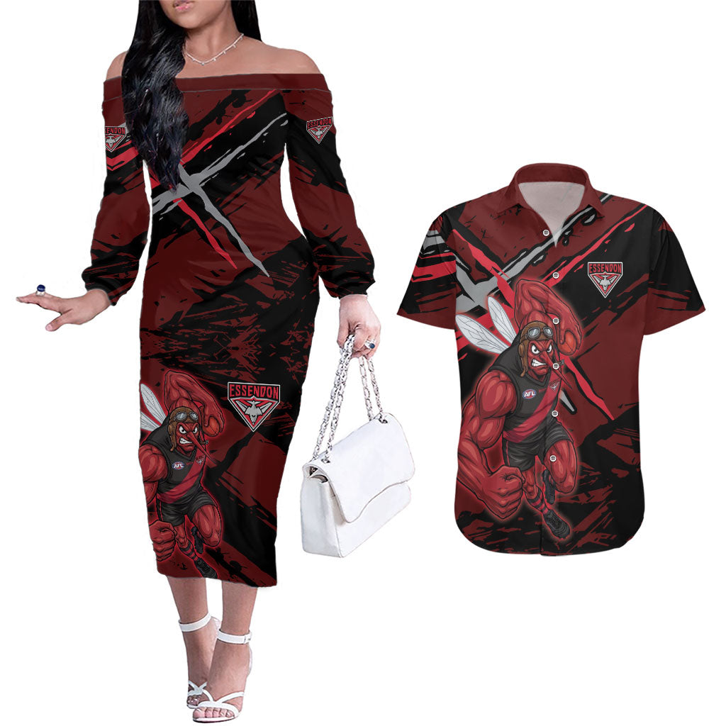 Essendon Football Club Couples Matching Off The Shoulder Long Sleeve Dress and Hawaiian Shirt Bombers Muscular Mascot Graphic - Abstract Paint Splatter Art