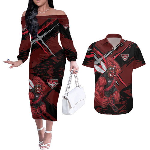 Essendon Football Club Couples Matching Off The Shoulder Long Sleeve Dress and Hawaiian Shirt Bombers Muscular Mascot Graphic - Abstract Paint Splatter Art