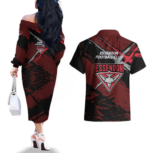 Essendon Football Club Couples Matching Off The Shoulder Long Sleeve Dress and Hawaiian Shirt Bombers Muscular Mascot Graphic - Abstract Paint Splatter Art