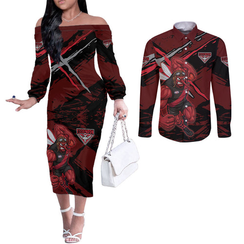 Essendon Football Club Couples Matching Off The Shoulder Long Sleeve Dress and Long Sleeve Button Shirt Bombers Muscular Mascot Graphic - Abstract Paint Splatter Art