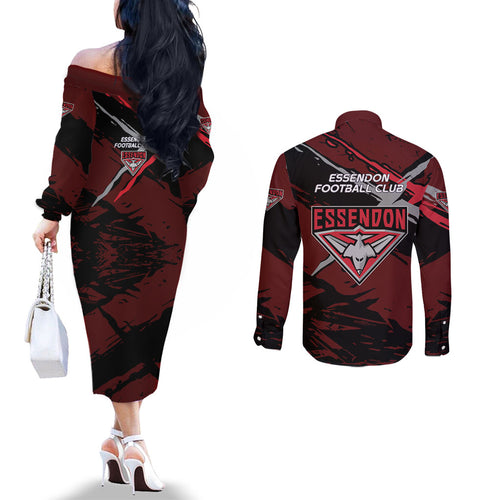 Essendon Football Club Couples Matching Off The Shoulder Long Sleeve Dress and Long Sleeve Button Shirt Bombers Muscular Mascot Graphic - Abstract Paint Splatter Art