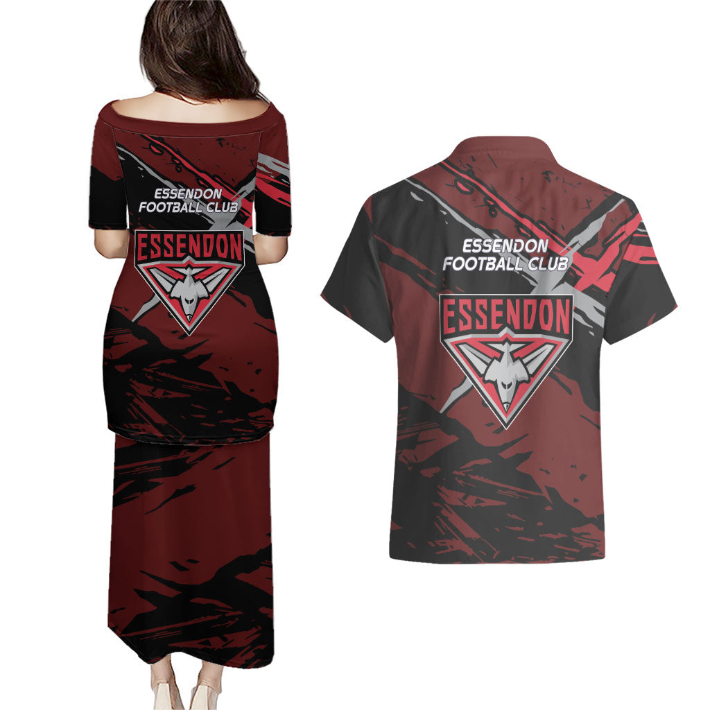 Essendon Football Club Couples Matching Puletasi and Hawaiian Shirt Bombers Muscular Mascot Graphic - Abstract Paint Splatter Art