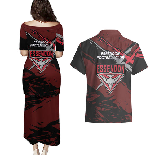 Essendon Football Club Couples Matching Puletasi and Hawaiian Shirt Bombers Muscular Mascot Graphic - Abstract Paint Splatter Art
