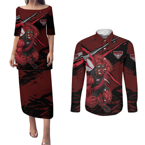 Essendon Football Club Couples Matching Puletasi and Long Sleeve Button Shirt Bombers Muscular Mascot Graphic - Abstract Paint Splatter Art