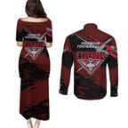 Essendon Football Club Couples Matching Puletasi and Long Sleeve Button Shirt Bombers Muscular Mascot Graphic - Abstract Paint Splatter Art