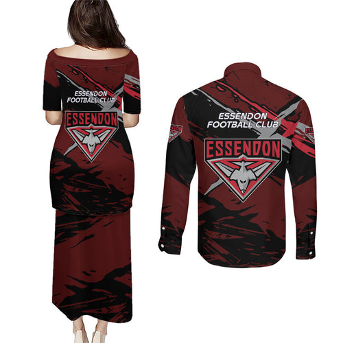 Essendon Football Club Couples Matching Puletasi and Long Sleeve Button Shirt Bombers Muscular Mascot Graphic - Abstract Paint Splatter Art