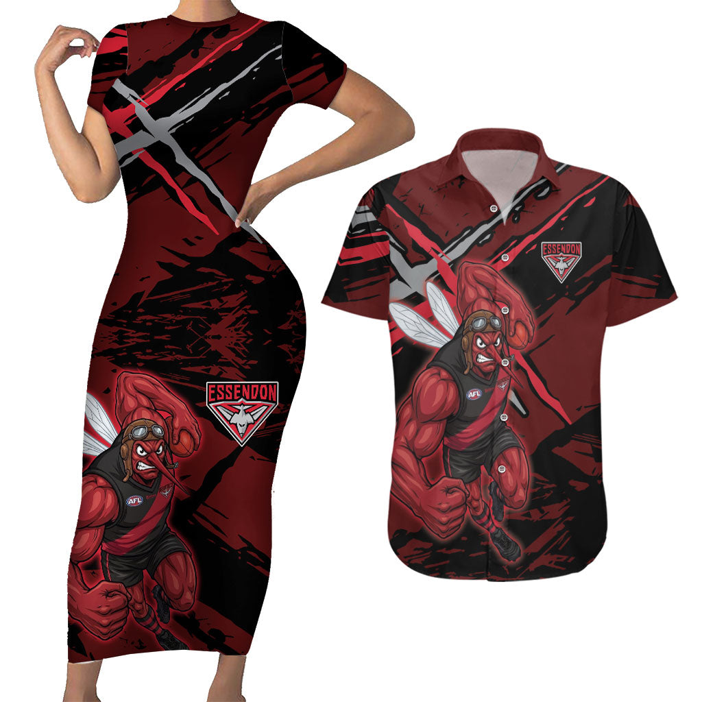 Essendon Football Club Couples Matching Short Sleeve Bodycon Dress and Hawaiian Shirt Bombers Muscular Mascot Graphic - Abstract Paint Splatter Art