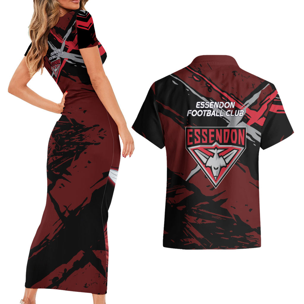 Essendon Football Club Couples Matching Short Sleeve Bodycon Dress and Hawaiian Shirt Bombers Muscular Mascot Graphic - Abstract Paint Splatter Art