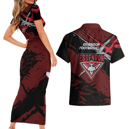 Essendon Football Club Couples Matching Short Sleeve Bodycon Dress and Hawaiian Shirt Bombers Muscular Mascot Graphic - Abstract Paint Splatter Art