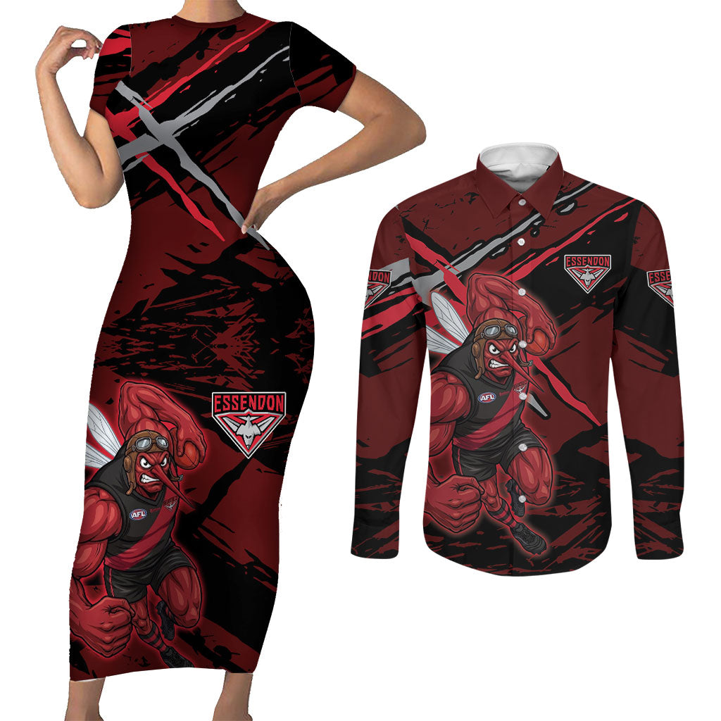 Essendon Football Club Couples Matching Short Sleeve Bodycon Dress and Long Sleeve Button Shirt Bombers Muscular Mascot Graphic - Abstract Paint Splatter Art