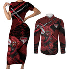 Essendon Football Club Couples Matching Short Sleeve Bodycon Dress and Long Sleeve Button Shirt Bombers Muscular Mascot Graphic - Abstract Paint Splatter Art