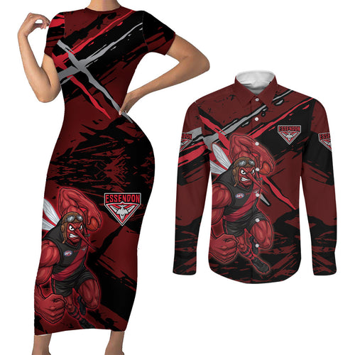 Essendon Football Club Couples Matching Short Sleeve Bodycon Dress and Long Sleeve Button Shirt Bombers Muscular Mascot Graphic - Abstract Paint Splatter Art