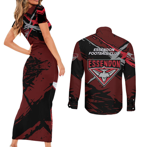 Essendon Football Club Couples Matching Short Sleeve Bodycon Dress and Long Sleeve Button Shirt Bombers Muscular Mascot Graphic - Abstract Paint Splatter Art