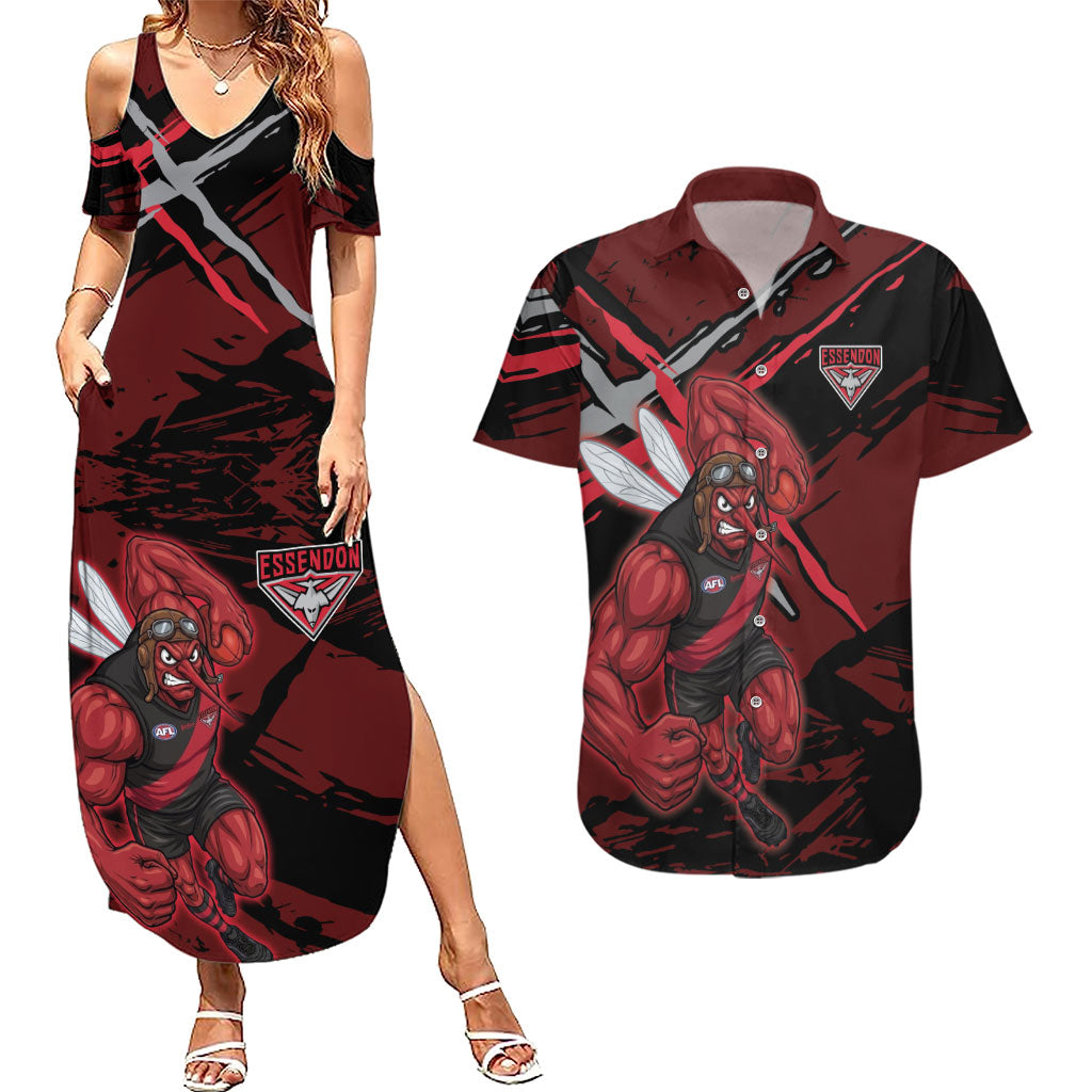 Essendon Football Club Couples Matching Summer Maxi Dress and Hawaiian Shirt Bombers Muscular Mascot Graphic - Abstract Paint Splatter Art