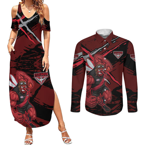 Essendon Football Club Couples Matching Summer Maxi Dress and Long Sleeve Button Shirt Bombers Muscular Mascot Graphic - Abstract Paint Splatter Art