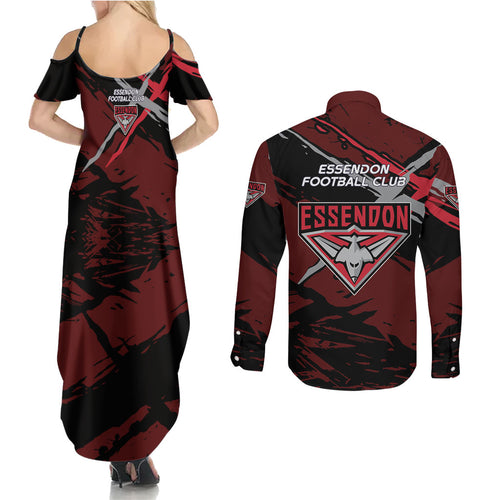 Essendon Football Club Couples Matching Summer Maxi Dress and Long Sleeve Button Shirt Bombers Muscular Mascot Graphic - Abstract Paint Splatter Art