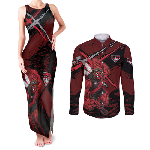 Essendon Football Club Couples Matching Tank Maxi Dress and Long Sleeve Button Shirt Bombers Muscular Mascot Graphic - Abstract Paint Splatter Art