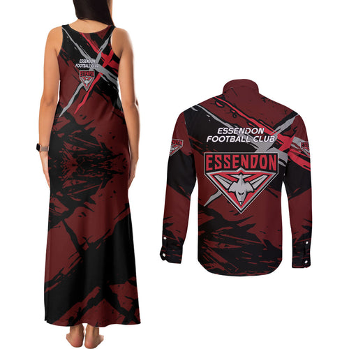 Essendon Football Club Couples Matching Tank Maxi Dress and Long Sleeve Button Shirt Bombers Muscular Mascot Graphic - Abstract Paint Splatter Art