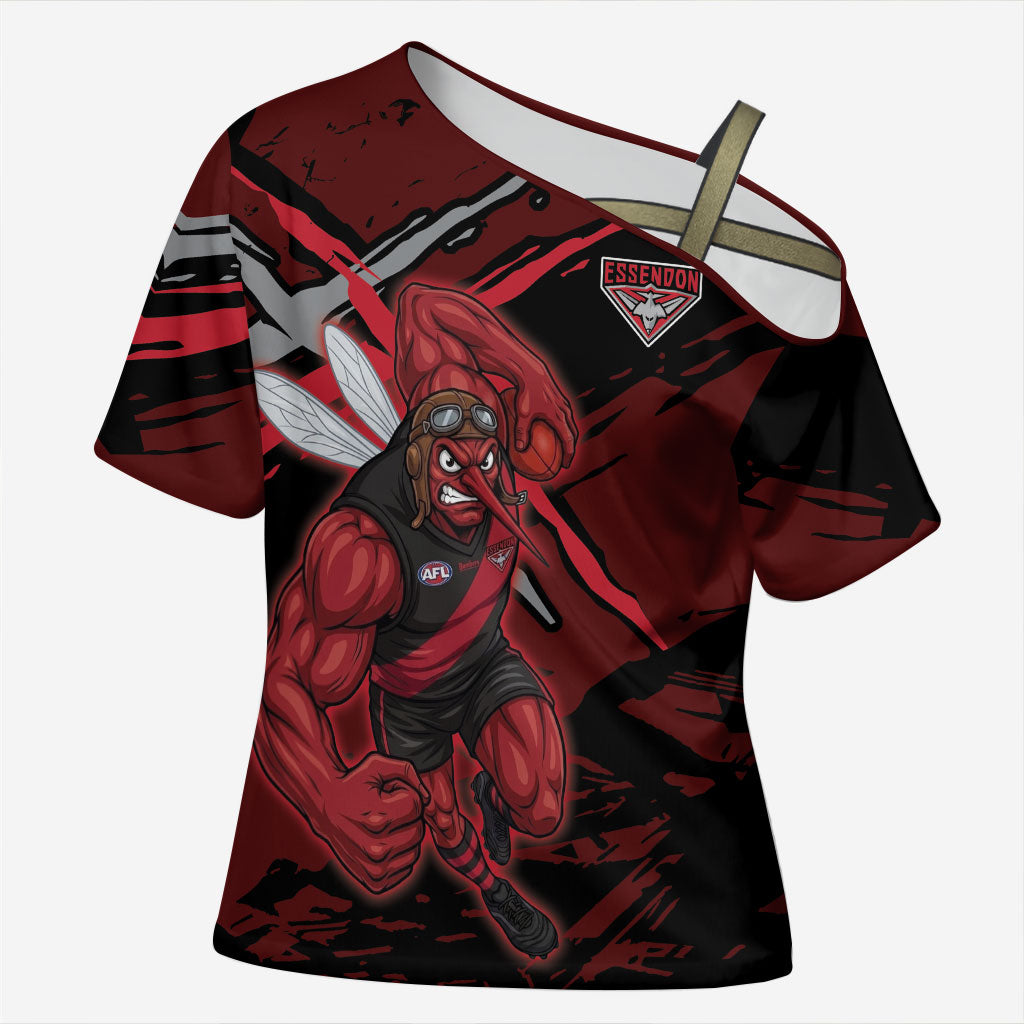Essendon Football Club Cross Shoulder Shirt Bombers Muscular Mascot Graphic - Abstract Paint Splatter Art