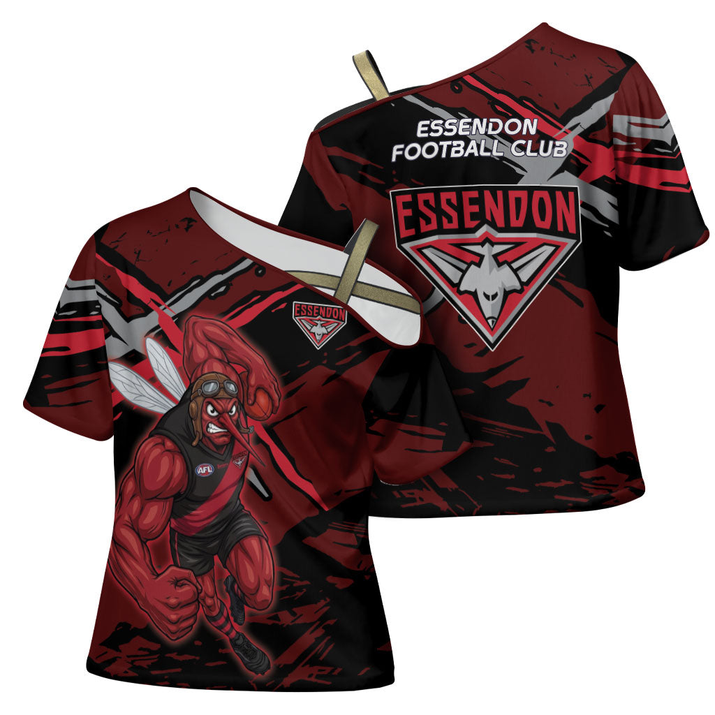 Essendon Football Club Cross Shoulder Shirt Bombers Muscular Mascot Graphic - Abstract Paint Splatter Art