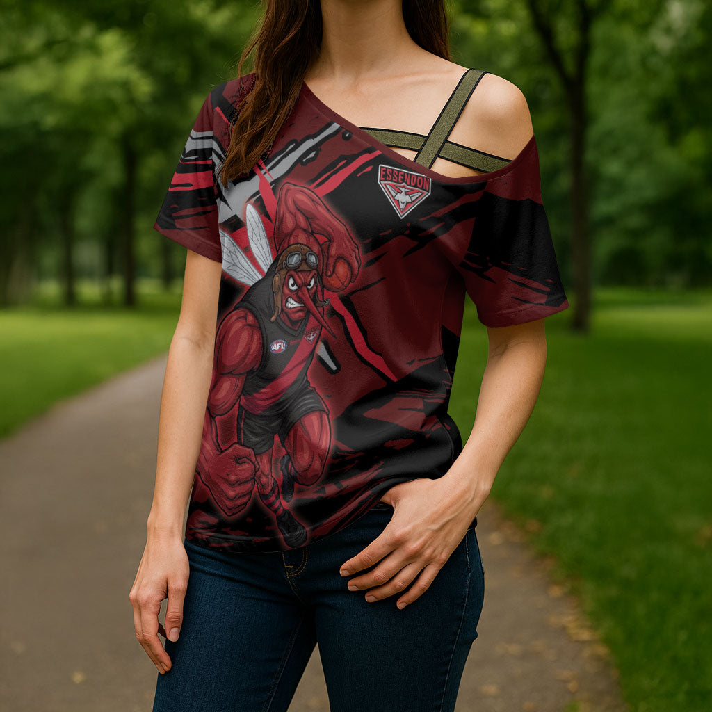 Essendon Football Club Cross Shoulder Shirt Bombers Muscular Mascot Graphic - Abstract Paint Splatter Art