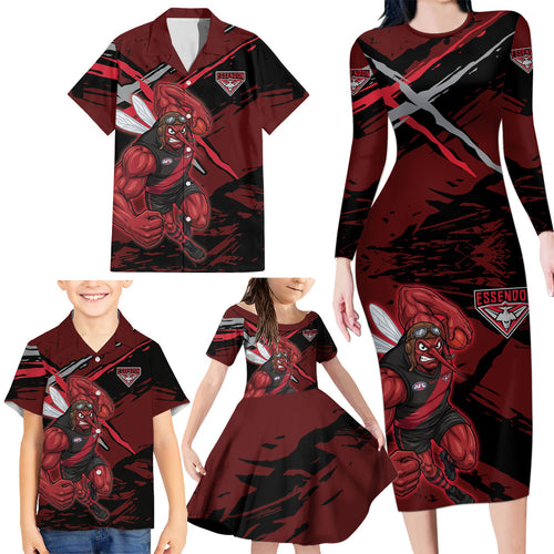 Essendon Football Club Family Matching Long Sleeve Bodycon Dress and Hawaiian Shirt Bombers Muscular Mascot Graphic - Abstract Paint Splatter Art