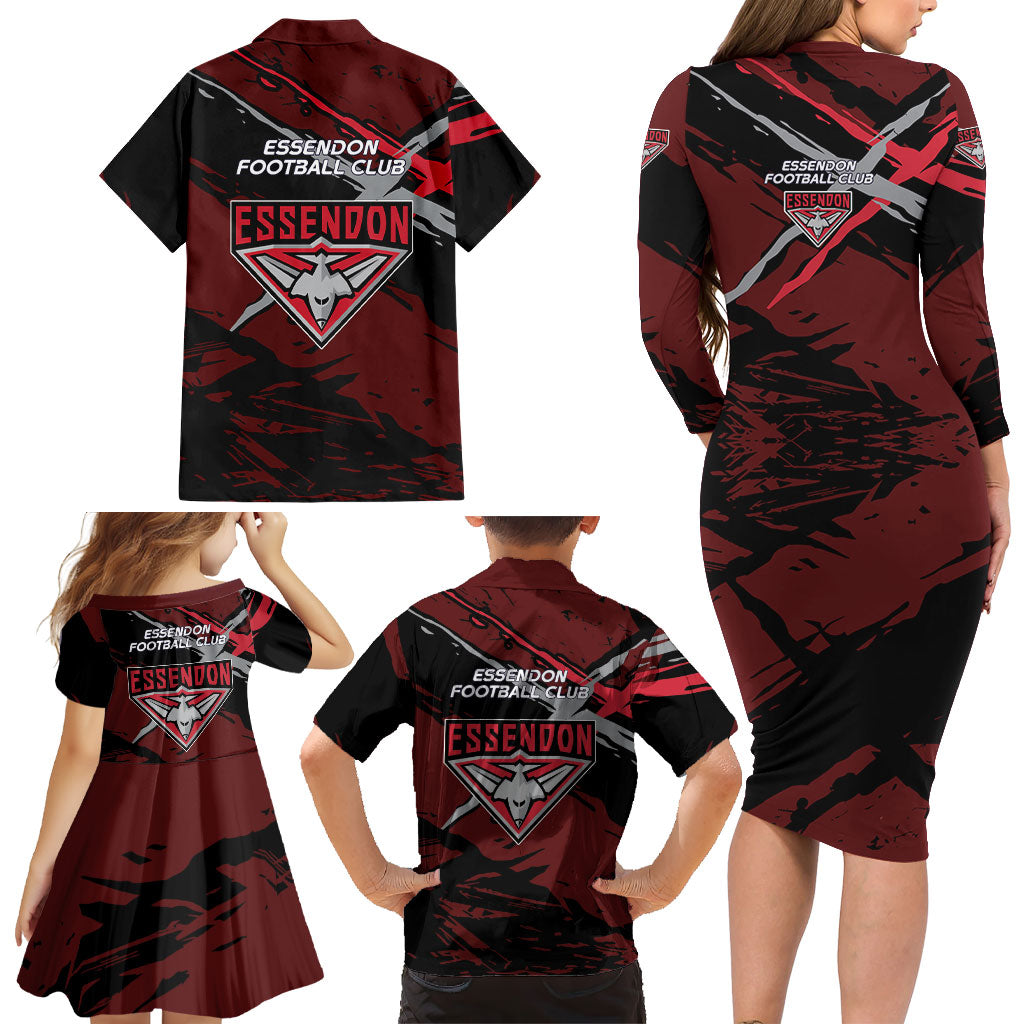 Essendon Football Club Family Matching Long Sleeve Bodycon Dress and Hawaiian Shirt Bombers Muscular Mascot Graphic - Abstract Paint Splatter Art