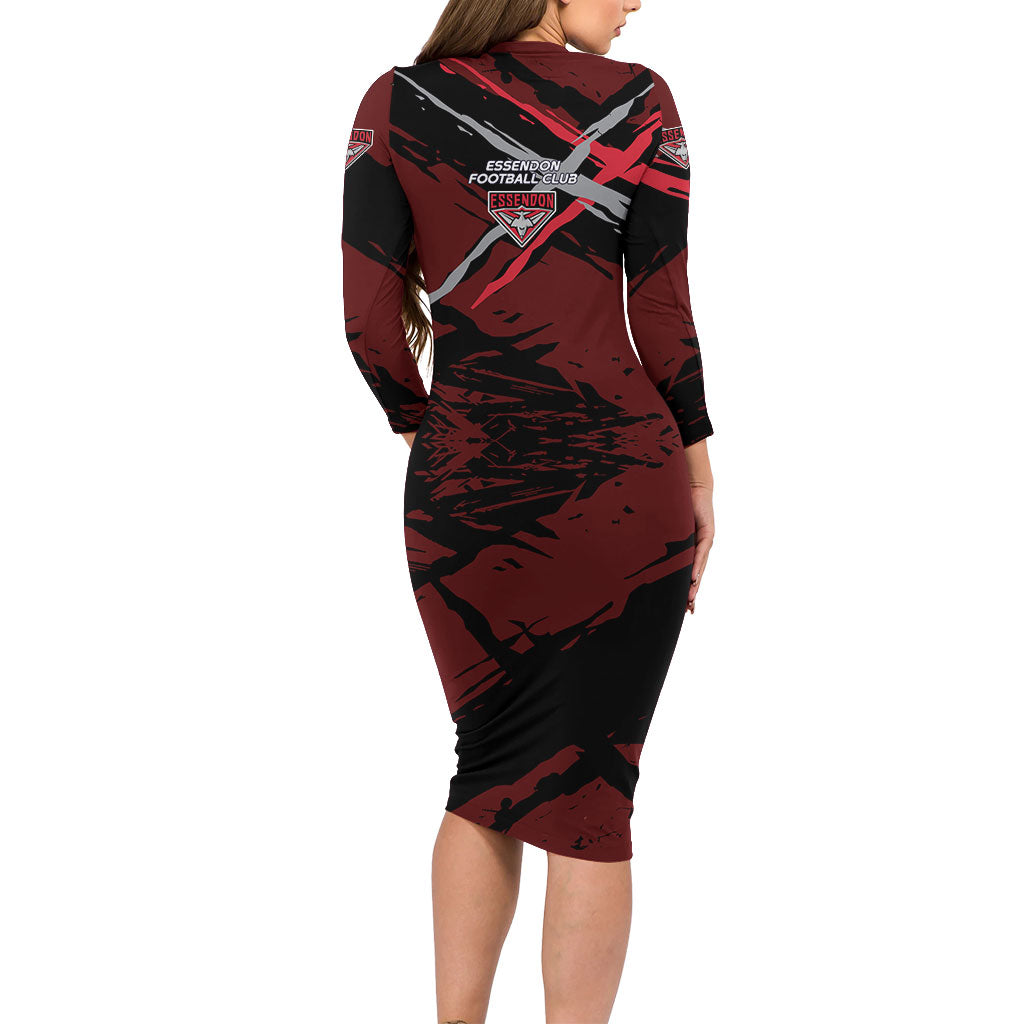 Essendon Football Club Family Matching Long Sleeve Bodycon Dress and Hawaiian Shirt Bombers Muscular Mascot Graphic - Abstract Paint Splatter Art