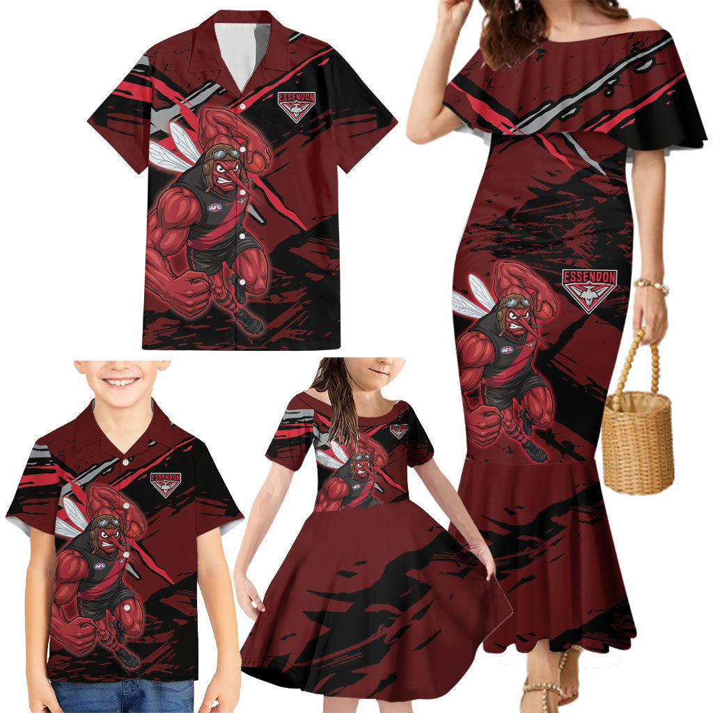 Essendon Football Club Family Matching Mermaid Dress and Hawaiian Shirt Bombers Muscular Mascot Graphic - Abstract Paint Splatter Art