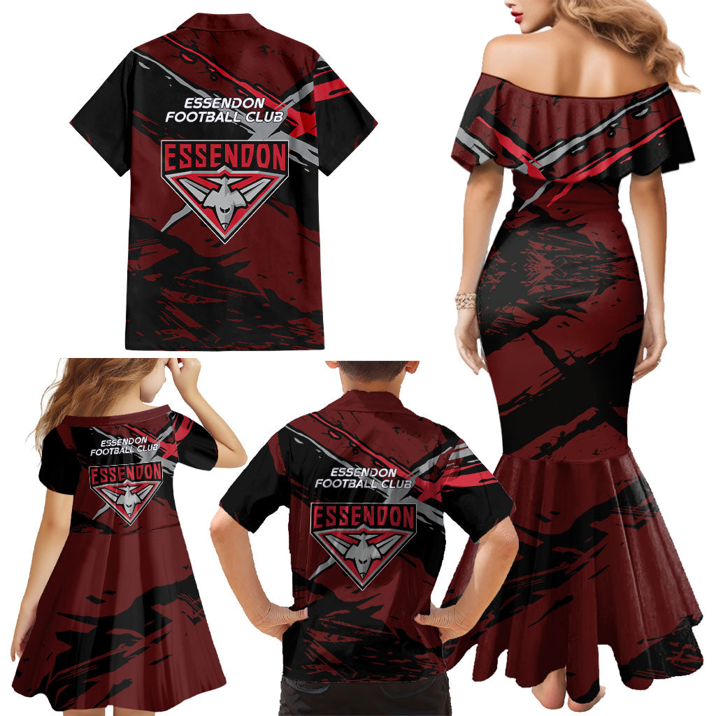 Essendon Football Club Family Matching Mermaid Dress and Hawaiian Shirt Bombers Muscular Mascot Graphic - Abstract Paint Splatter Art