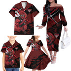Essendon Football Club Family Matching Off The Shoulder Long Sleeve Dress and Hawaiian Shirt Bombers Muscular Mascot Graphic - Abstract Paint Splatter Art
