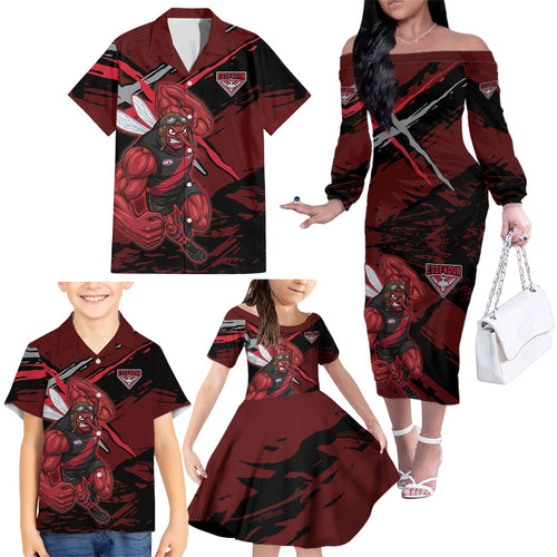 Essendon Football Club Family Matching Off The Shoulder Long Sleeve Dress and Hawaiian Shirt Bombers Muscular Mascot Graphic - Abstract Paint Splatter Art