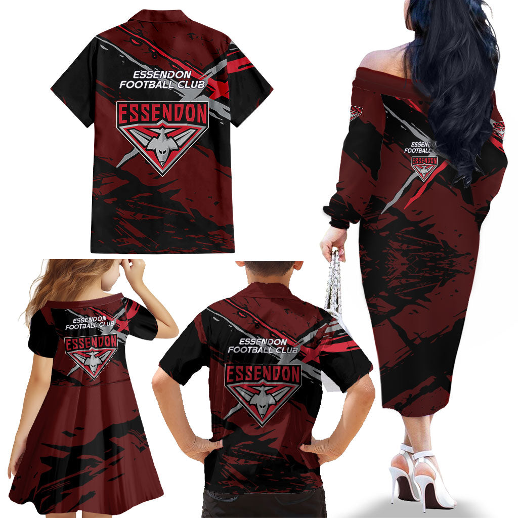 Essendon Football Club Family Matching Off The Shoulder Long Sleeve Dress and Hawaiian Shirt Bombers Muscular Mascot Graphic - Abstract Paint Splatter Art