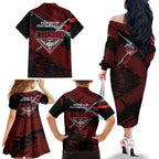 Essendon Football Club Family Matching Off The Shoulder Long Sleeve Dress and Hawaiian Shirt Bombers Muscular Mascot Graphic - Abstract Paint Splatter Art