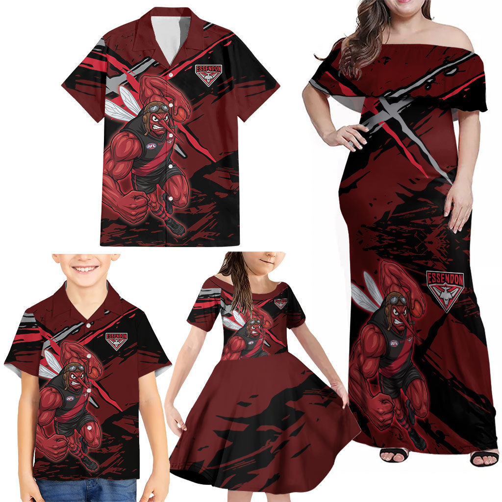 Essendon Football Club Family Matching Off Shoulder Maxi Dress and Hawaiian Shirt Bombers Muscular Mascot Graphic - Abstract Paint Splatter Art