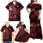Essendon Football Club Family Matching Off Shoulder Maxi Dress and Hawaiian Shirt Bombers Muscular Mascot Graphic - Abstract Paint Splatter Art