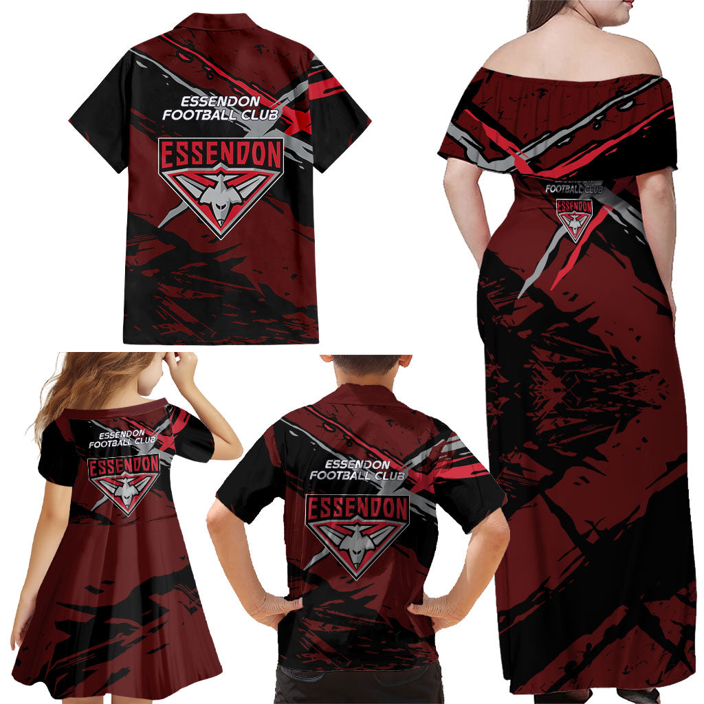 Essendon Football Club Family Matching Off Shoulder Maxi Dress and Hawaiian Shirt Bombers Muscular Mascot Graphic - Abstract Paint Splatter Art