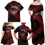 Essendon Football Club Family Matching Off Shoulder Maxi Dress and Hawaiian Shirt Bombers Muscular Mascot Graphic - Abstract Paint Splatter Art