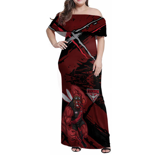 Essendon Football Club Family Matching Off Shoulder Maxi Dress and Hawaiian Shirt Bombers Muscular Mascot Graphic - Abstract Paint Splatter Art