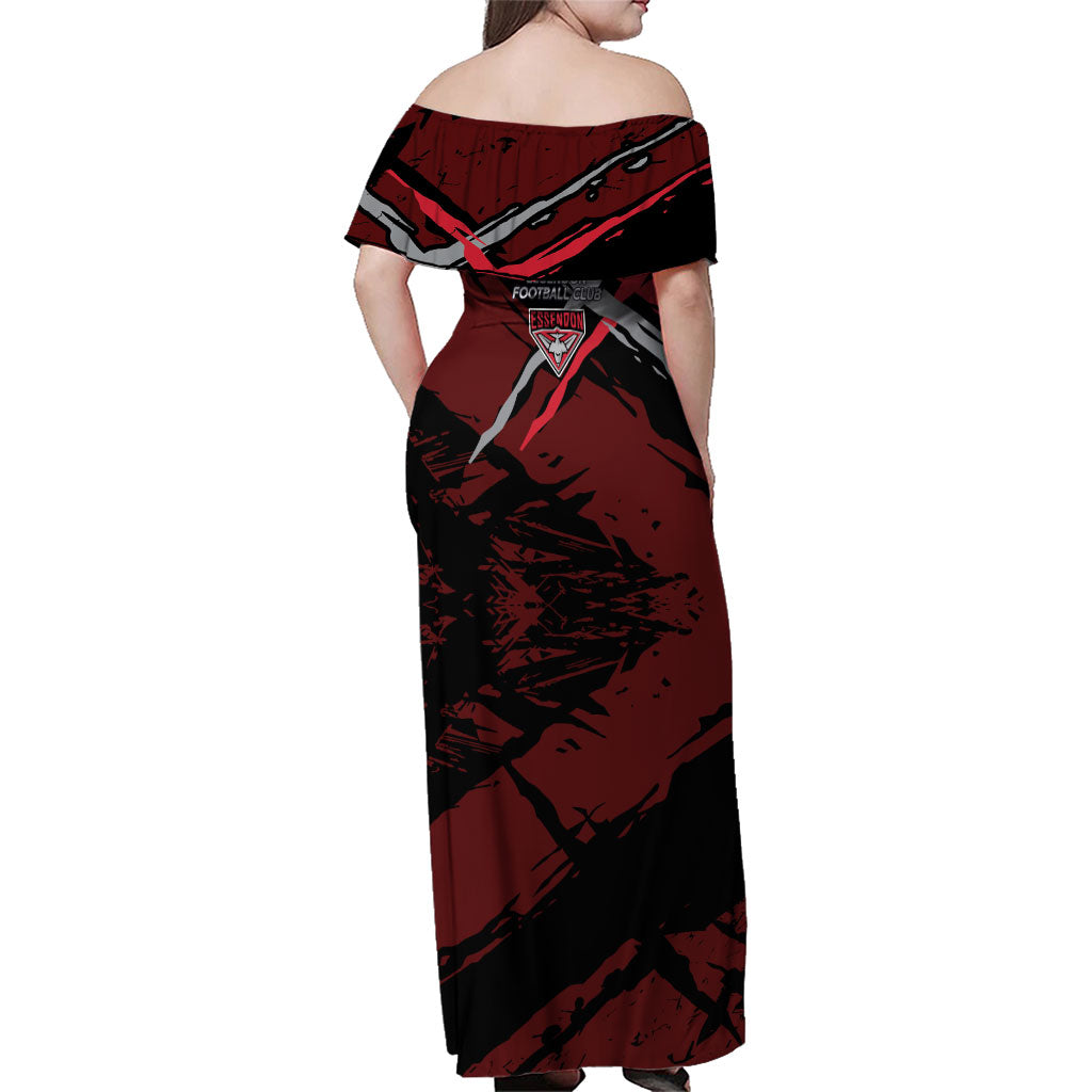 Essendon Football Club Family Matching Off Shoulder Maxi Dress and Hawaiian Shirt Bombers Muscular Mascot Graphic - Abstract Paint Splatter Art