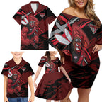Essendon Football Club Family Matching Off Shoulder Short Dress and Hawaiian Shirt Bombers Muscular Mascot Graphic - Abstract Paint Splatter Art