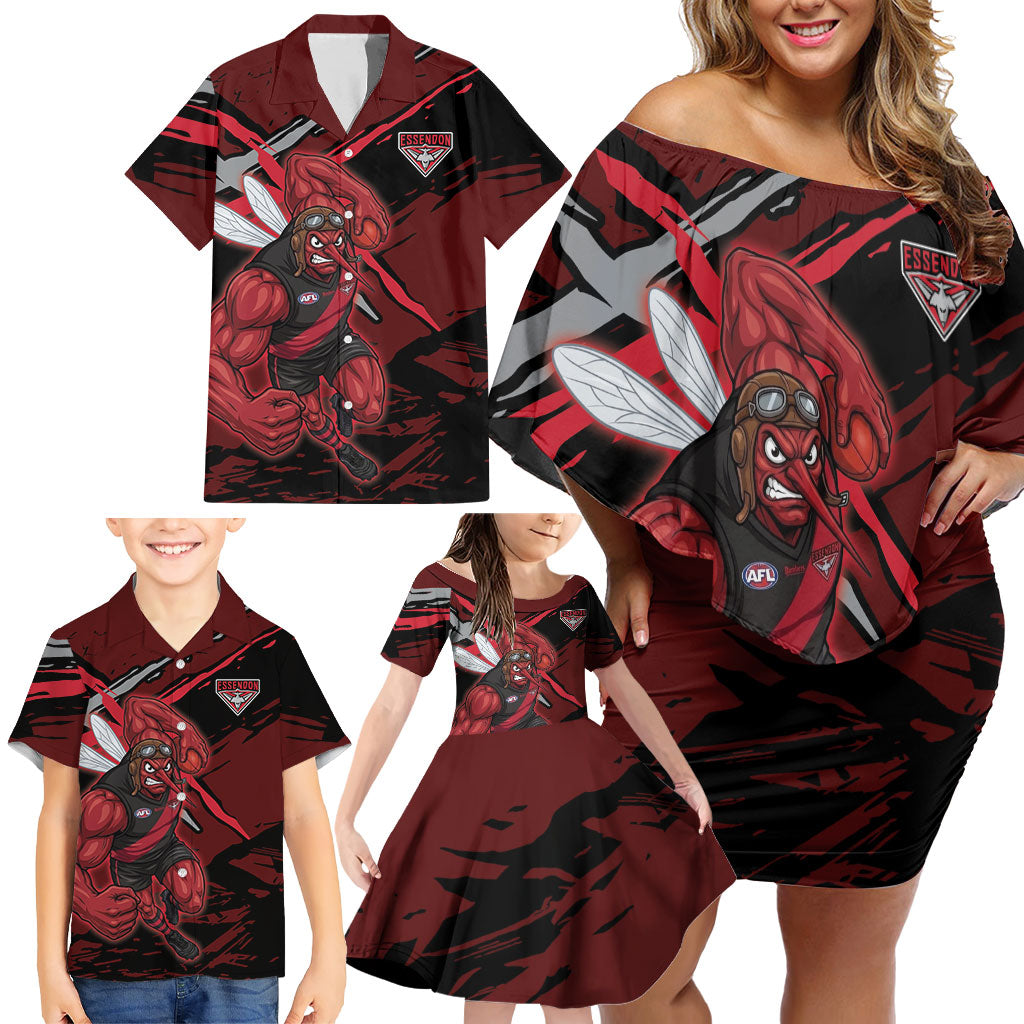 Essendon Football Club Family Matching Off Shoulder Short Dress and Hawaiian Shirt Bombers Muscular Mascot Graphic - Abstract Paint Splatter Art