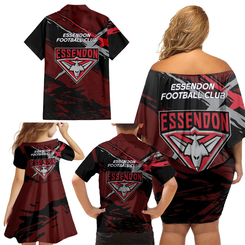 Essendon Football Club Family Matching Off Shoulder Short Dress and Hawaiian Shirt Bombers Muscular Mascot Graphic - Abstract Paint Splatter Art