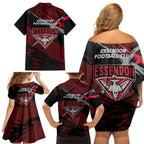 Essendon Football Club Family Matching Off Shoulder Short Dress and Hawaiian Shirt Bombers Muscular Mascot Graphic - Abstract Paint Splatter Art